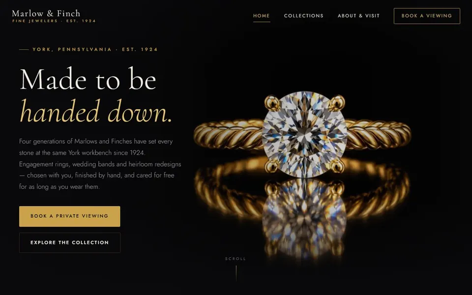Marlow & Finch Jewelers concept site: heritage homepage hero