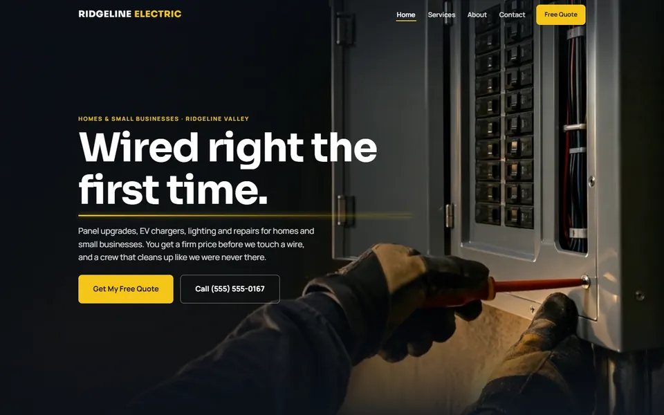 Ridgeline Electric concept site: homepage hero with call-now button