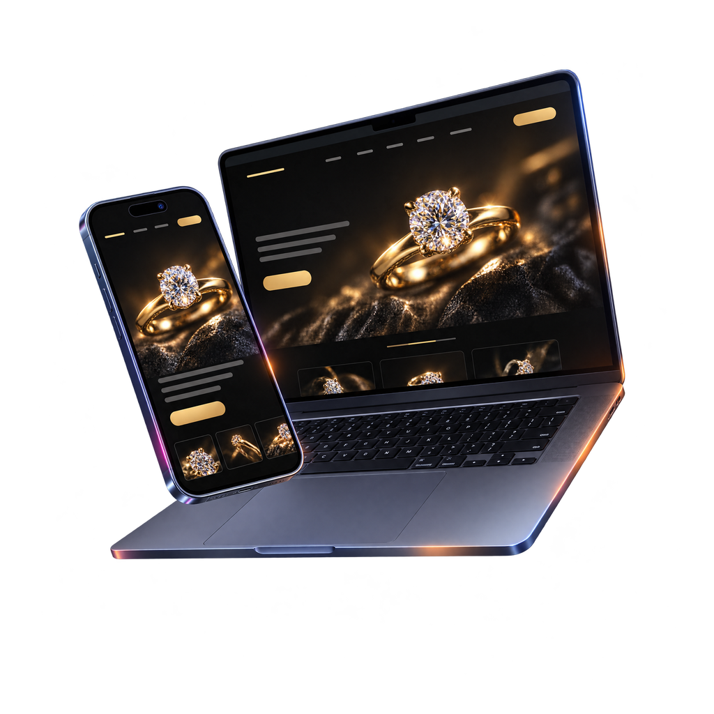 A laptop and a phone floating side by side, each showing a finished client website