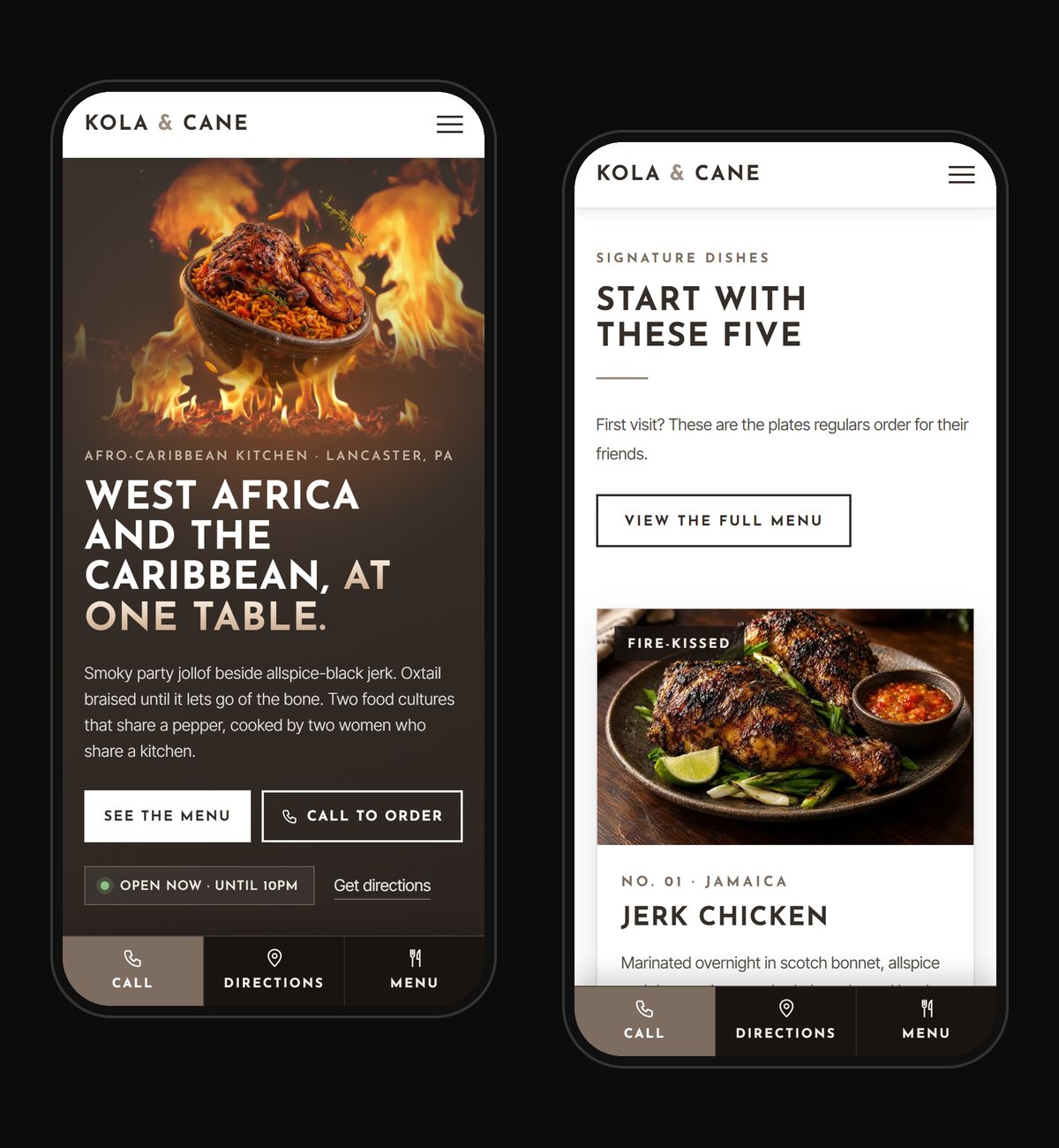 Kola & Cane concept site on a phone