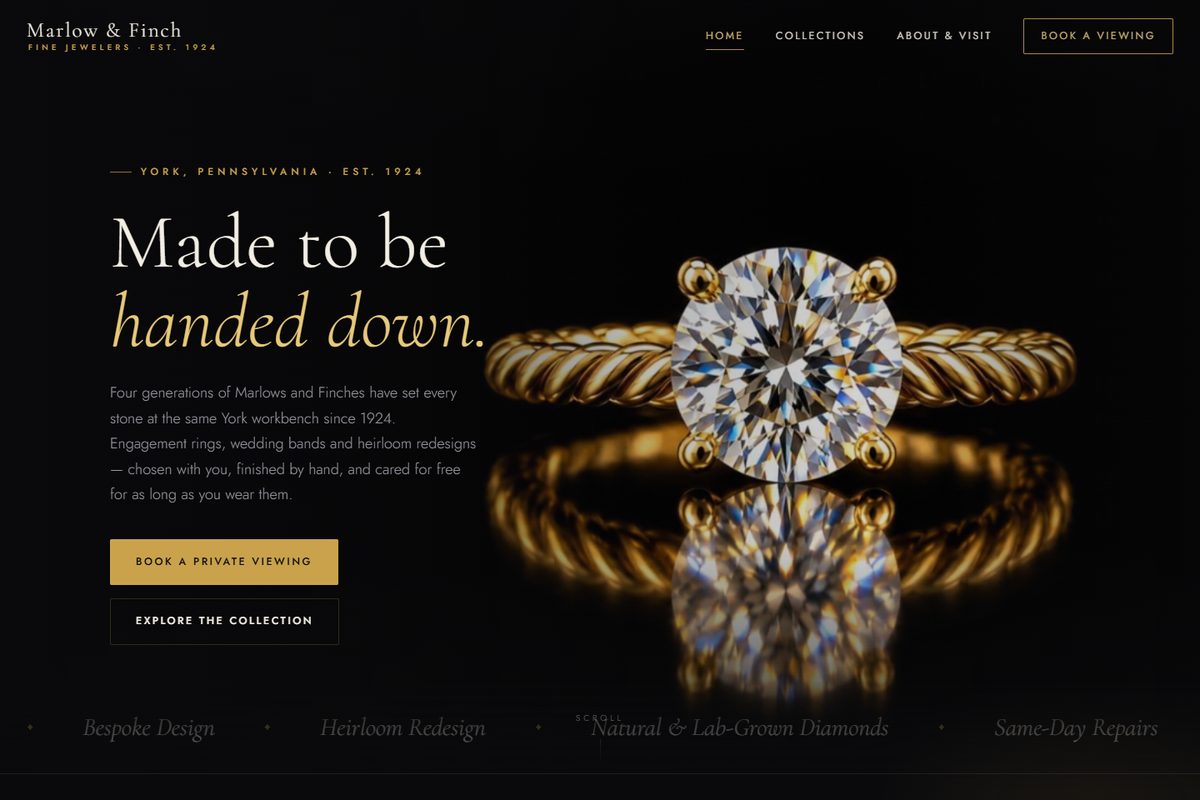Marlow & Finch Jewelers concept site: heritage homepage hero