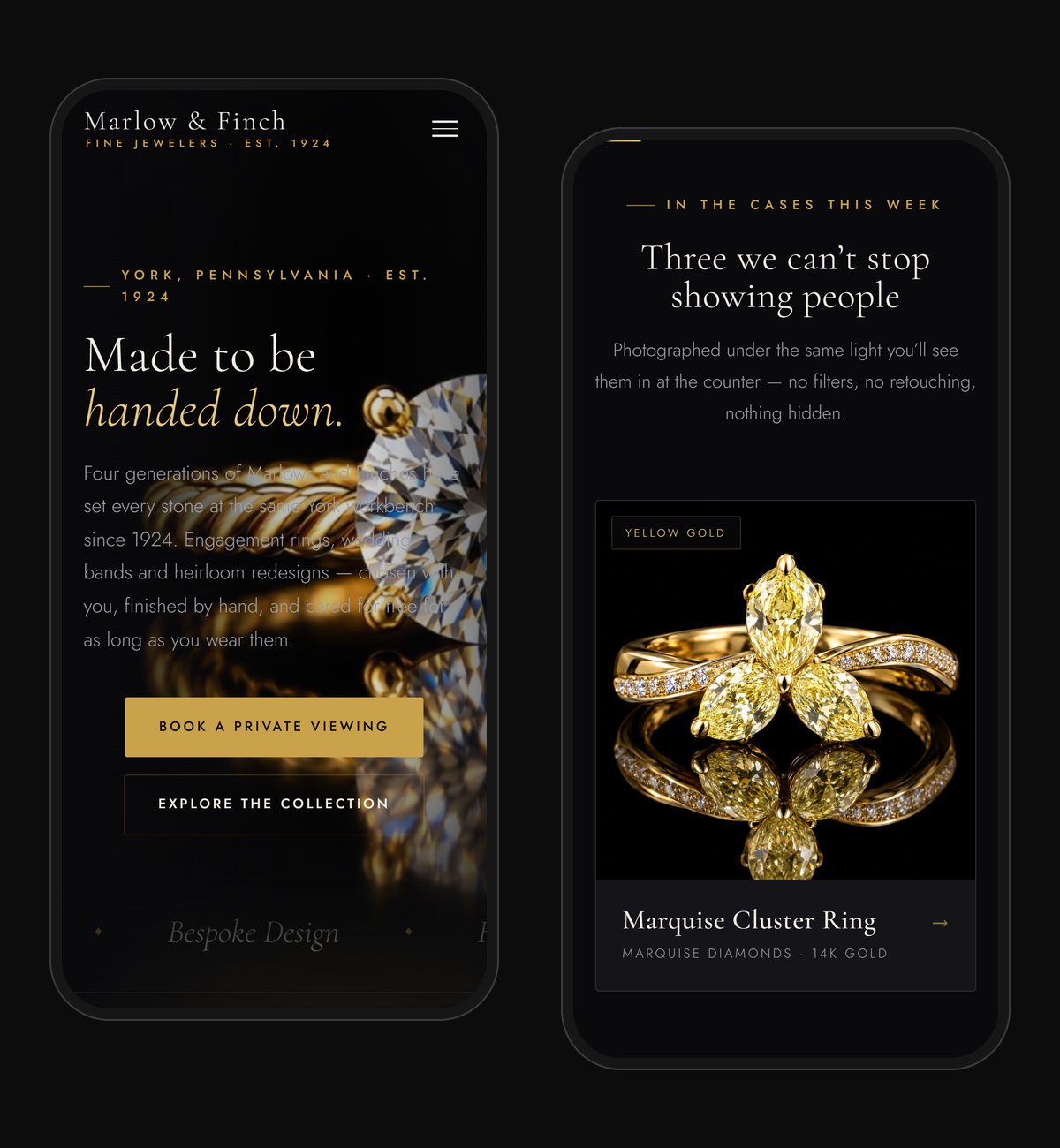 Marlow & Finch Jewelers concept site on a phone