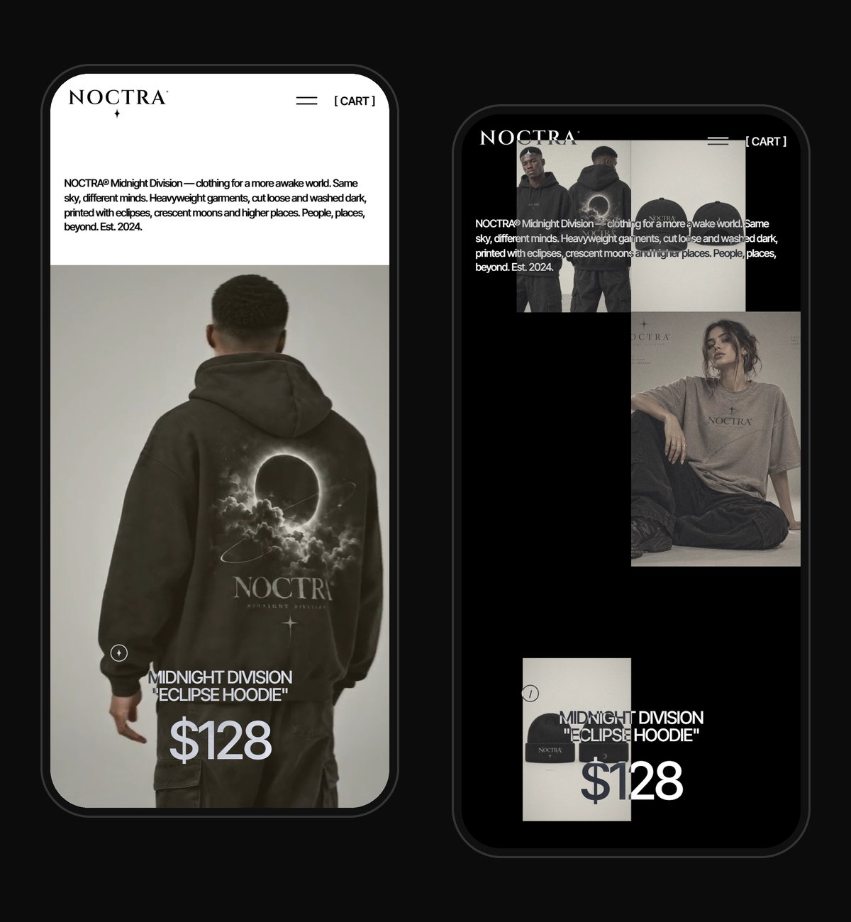 NOCTRA concept site on a phone: the hero turn and the gallery