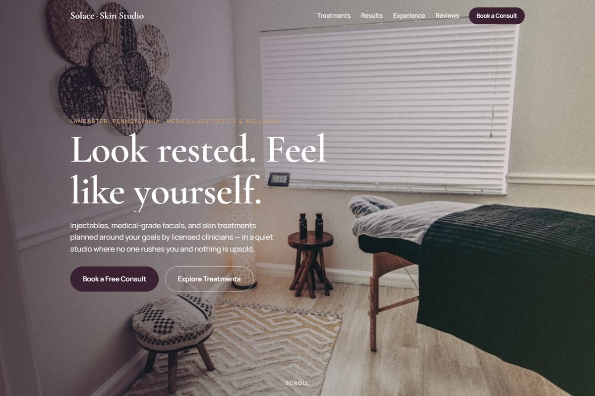 Solace Skin Studio concept site: calm-luxury homepage hero