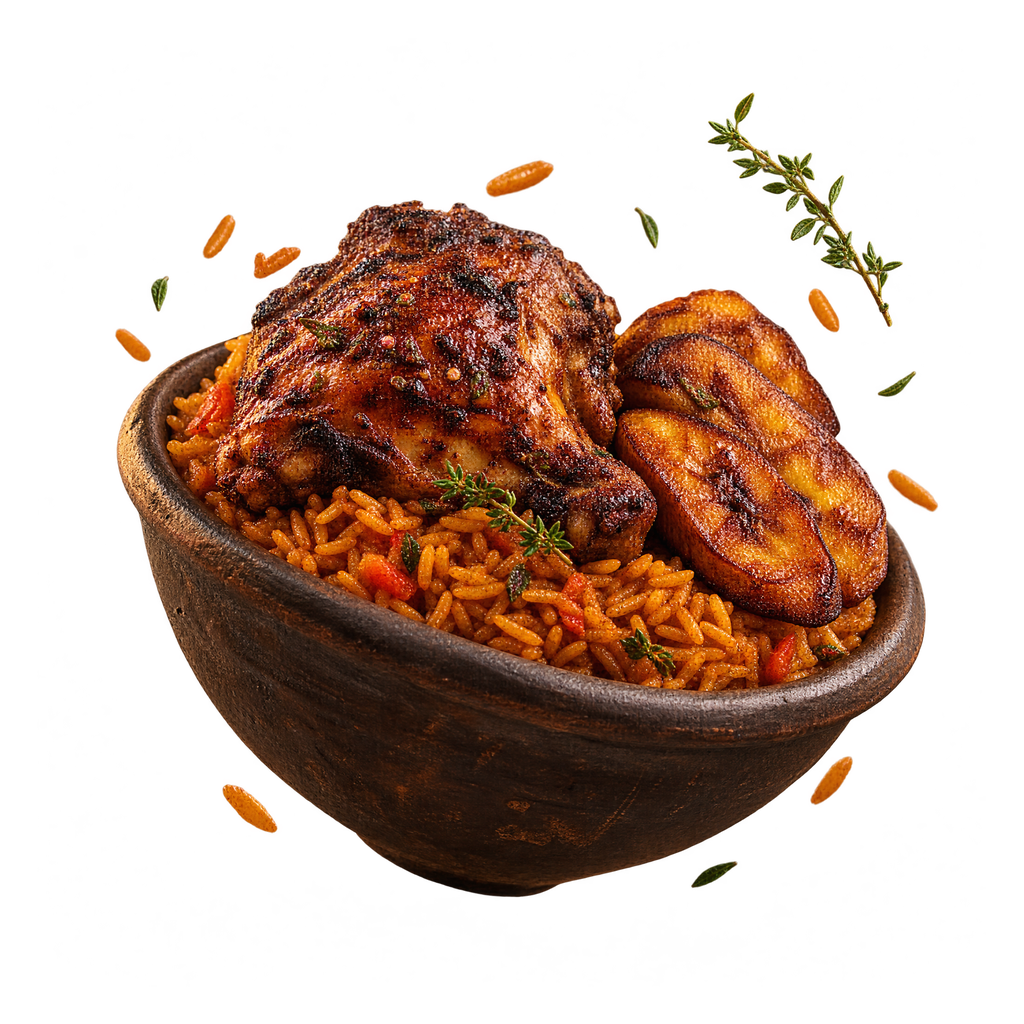 A clay bowl of smoky jollof rice topped with a charred jerk chicken leg and caramelized plantains