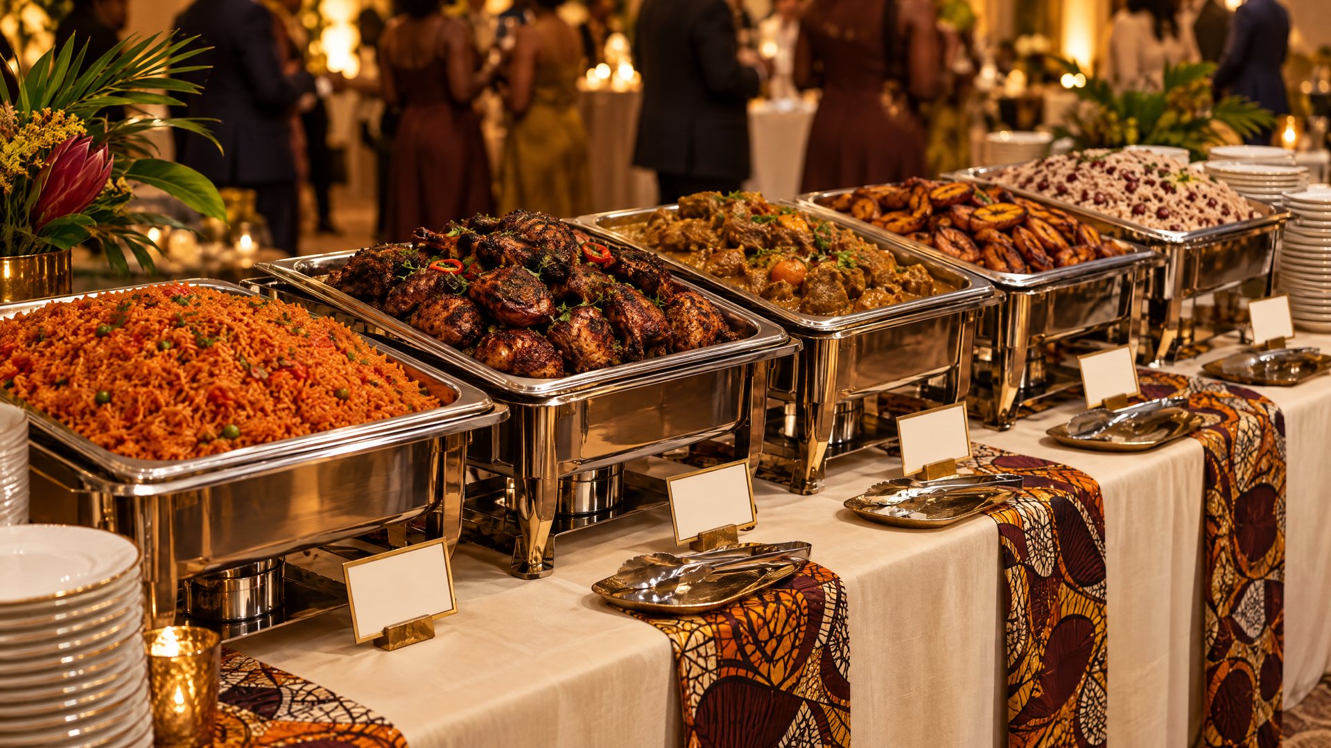 A catering buffet of chafing trays filled with jollof, stews and grilled meats on patterned cloth