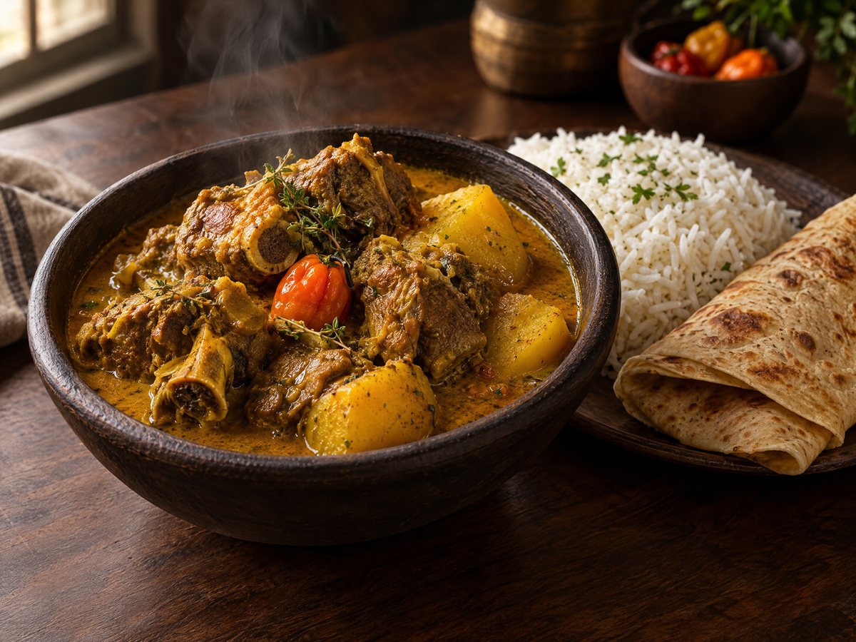 Curry goat with potatoes, rice and roti