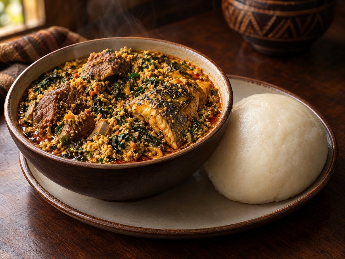 A bowl of egusi soup with greens and goat next to a smooth ball of pounded yam