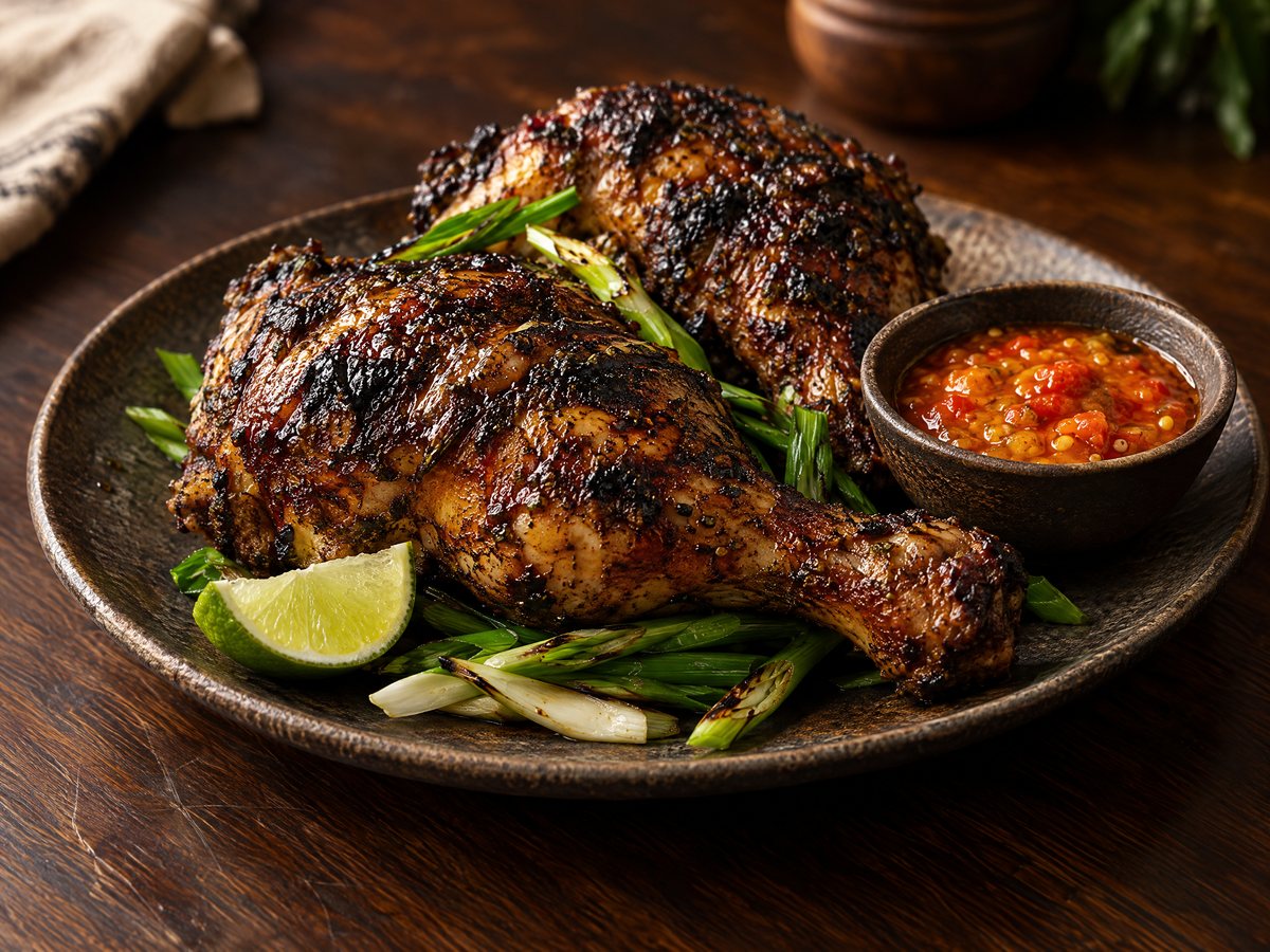 Jerk chicken legs charred on the grill, served with lime and scotch bonnet sauce