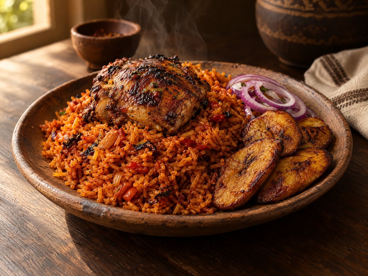 Deep orange jollof rice with a roast chicken leg, fried plantains and red onion