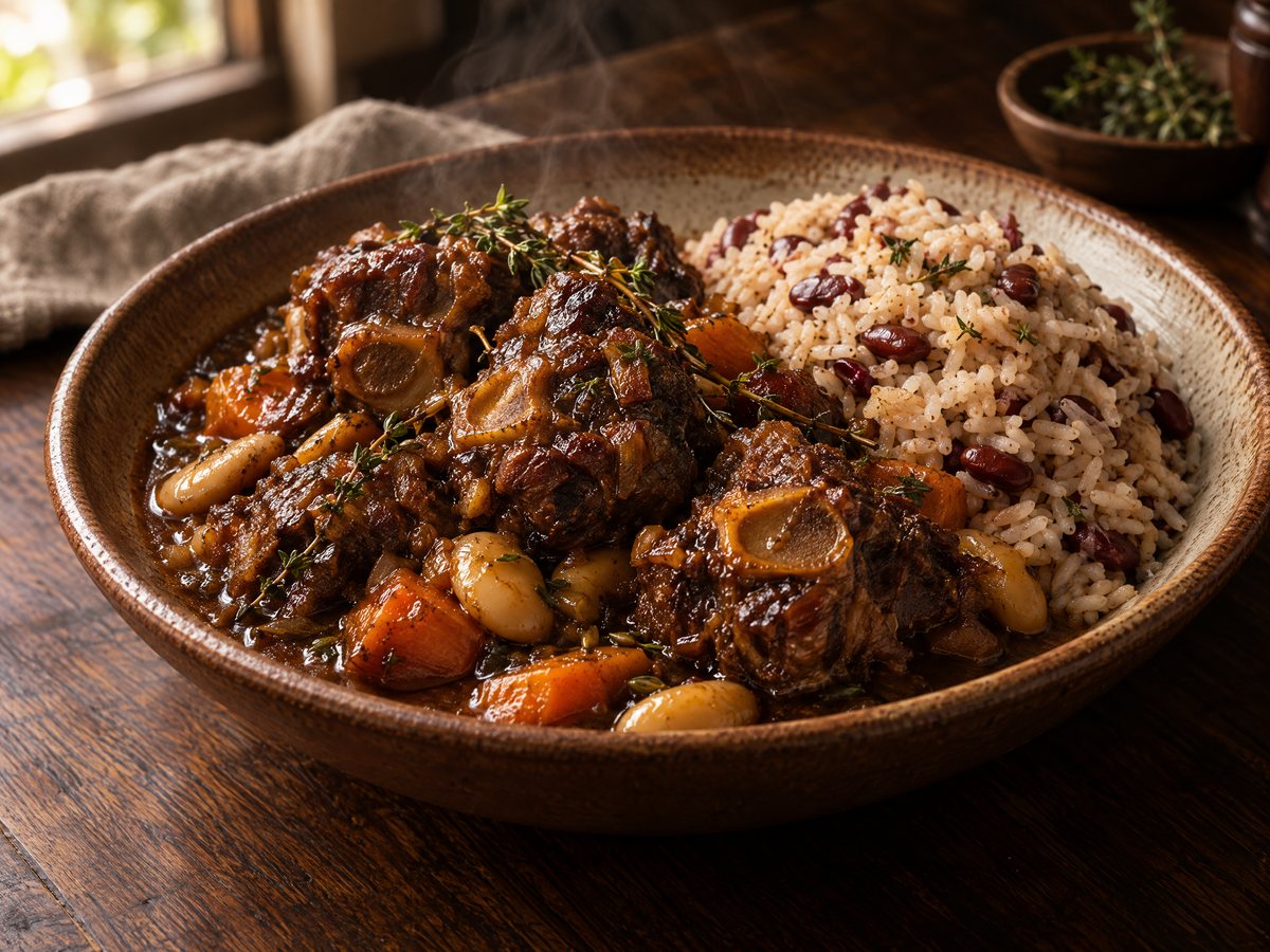 Glossy oxtail stew with butter beans beside rice and peas