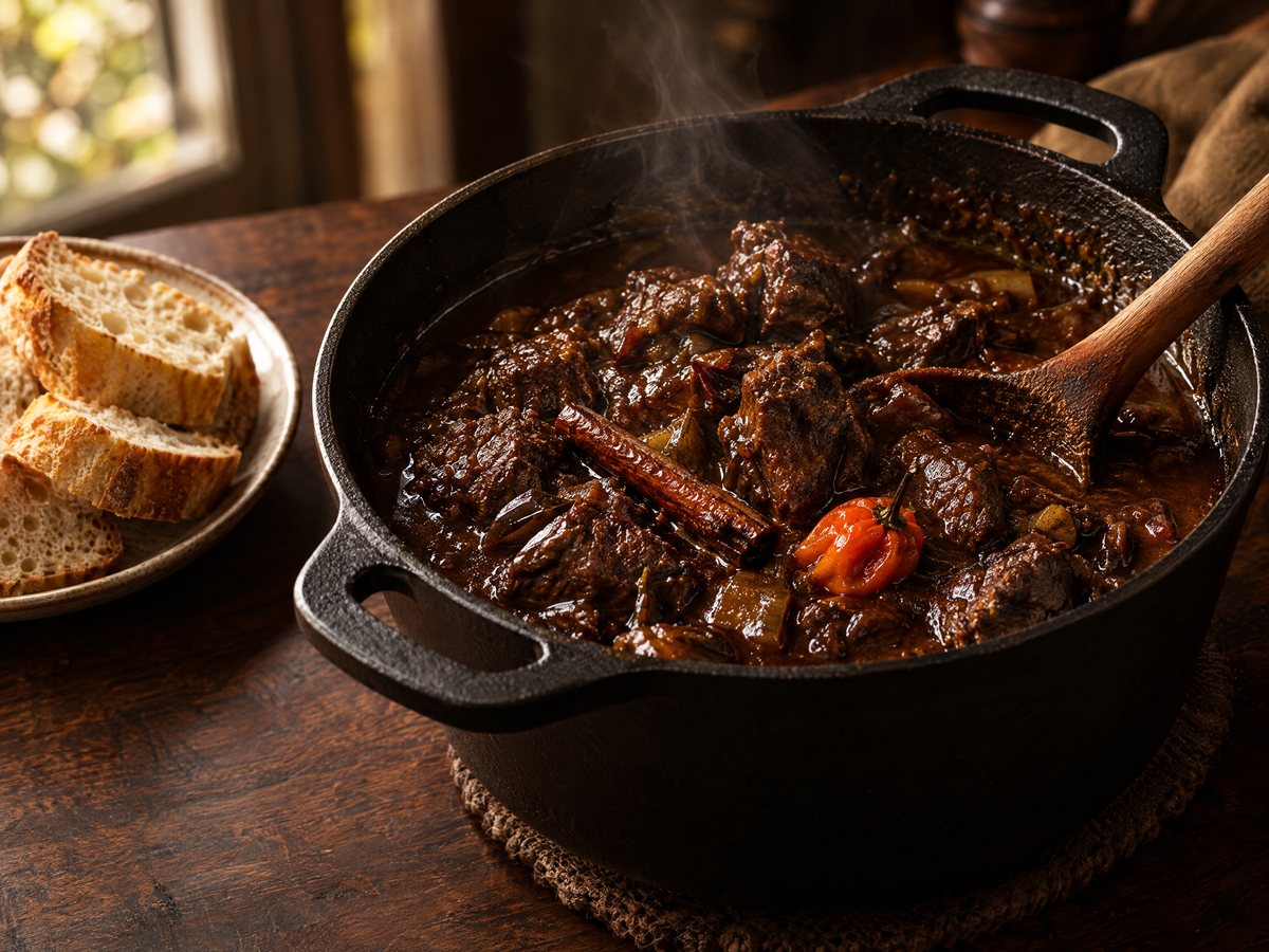 Dark, glossy pepper pot in a cast-iron pot