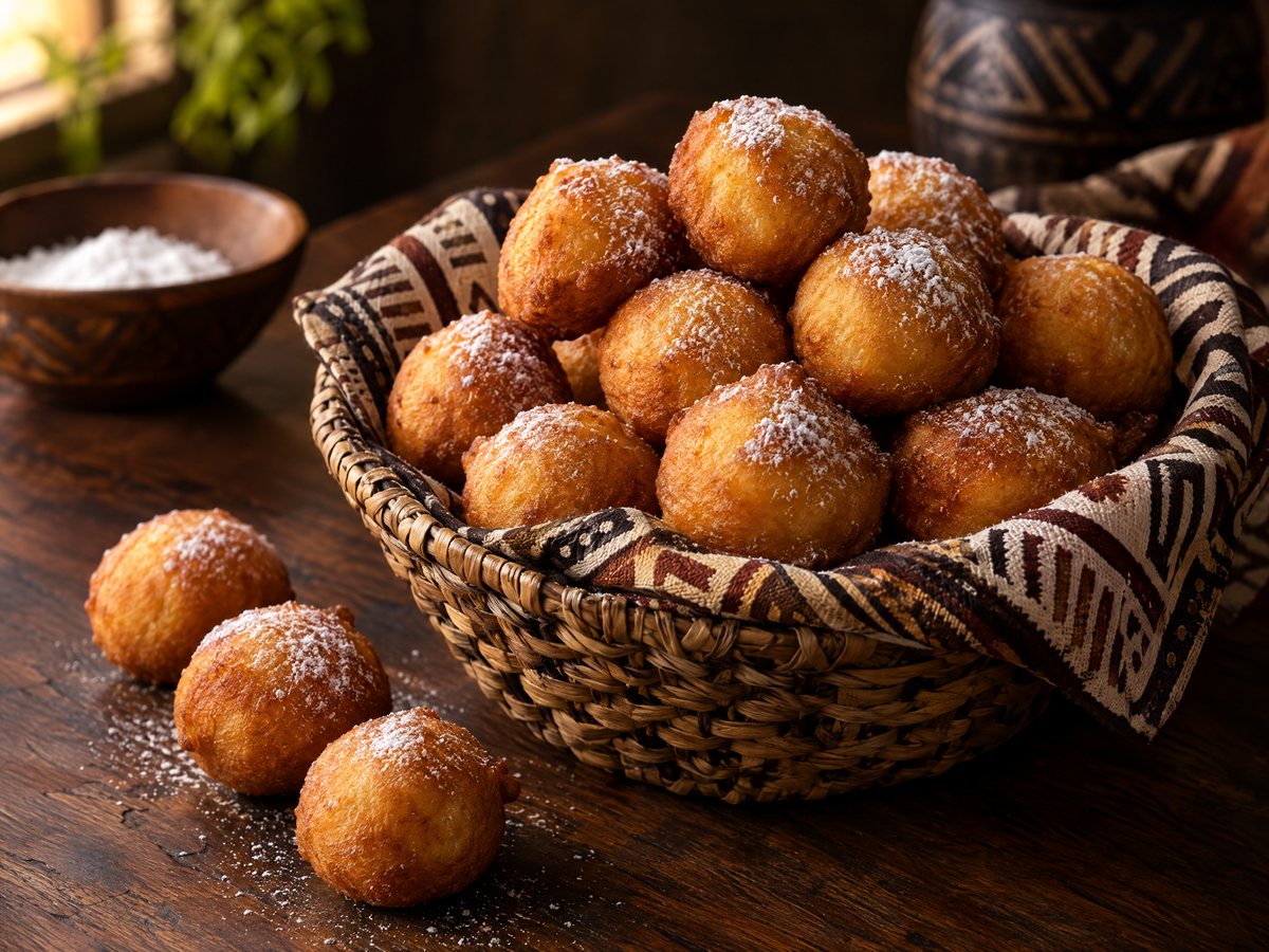 Sugar-dusted puff-puff in a woven basket