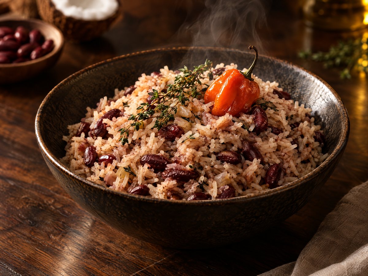 Rice and peas topped with a scotch bonnet