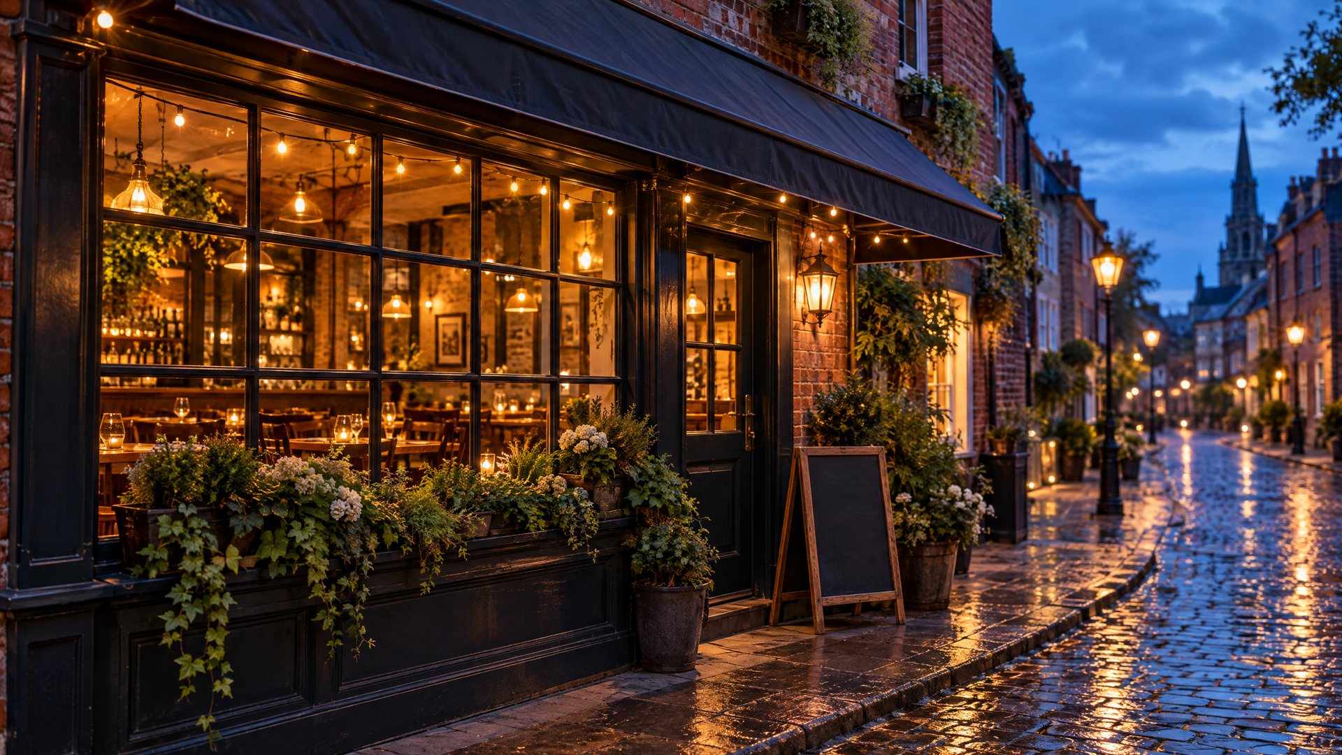 The restaurant's tall front windows glowing at dusk on a rain-wet street
