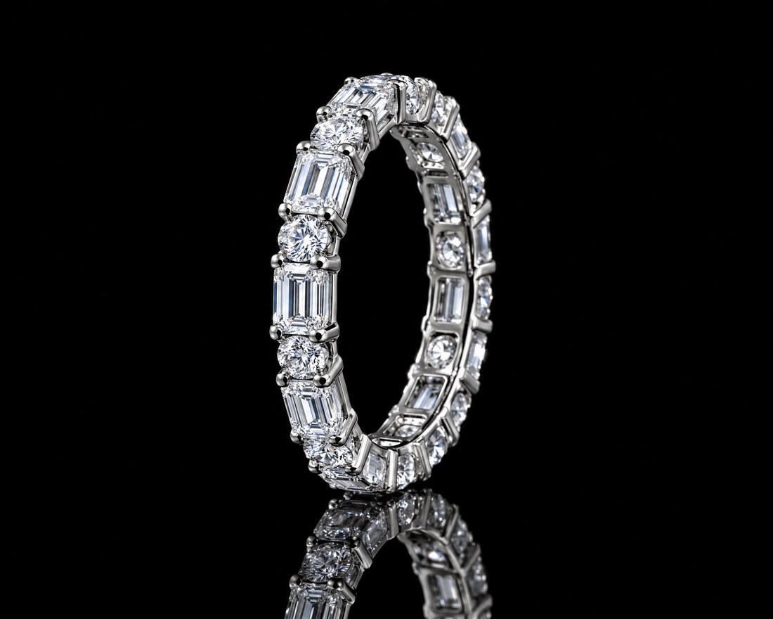 Baguette and round diamond eternity band in white gold