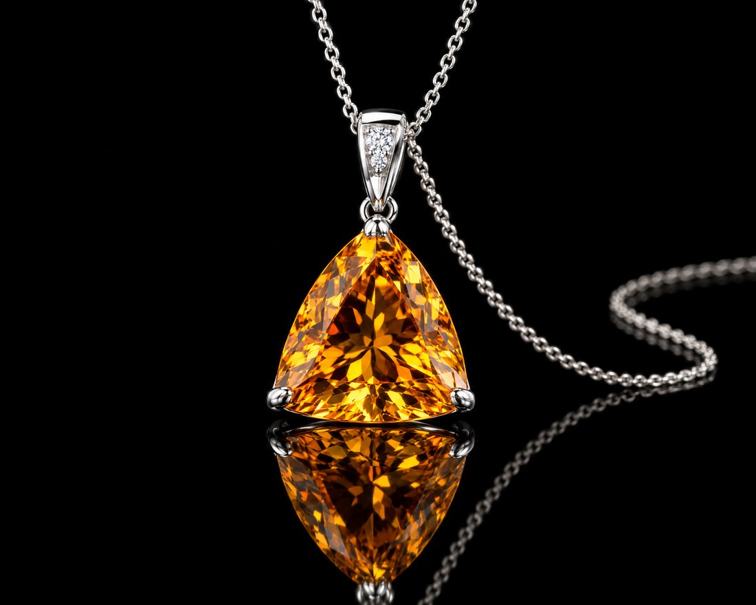 Trillion-cut citrine pendant in white gold on a fine chain