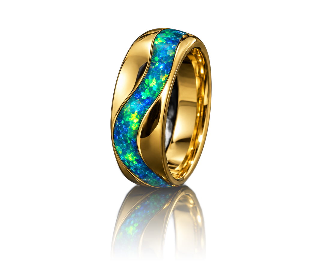 Opal inlay wave band in yellow gold