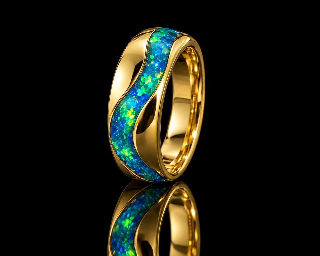 Opal inlay wave band in yellow gold with green and blue fire