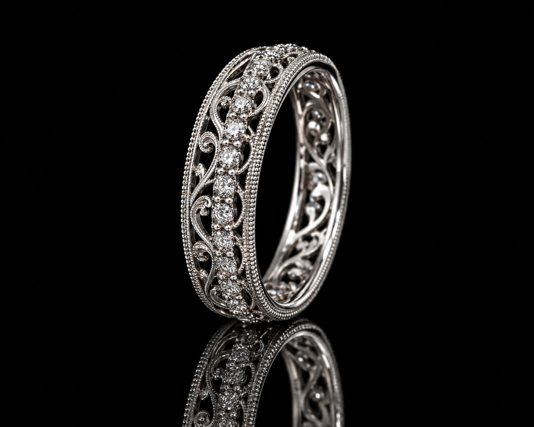 Vintage filigree diamond band in white gold