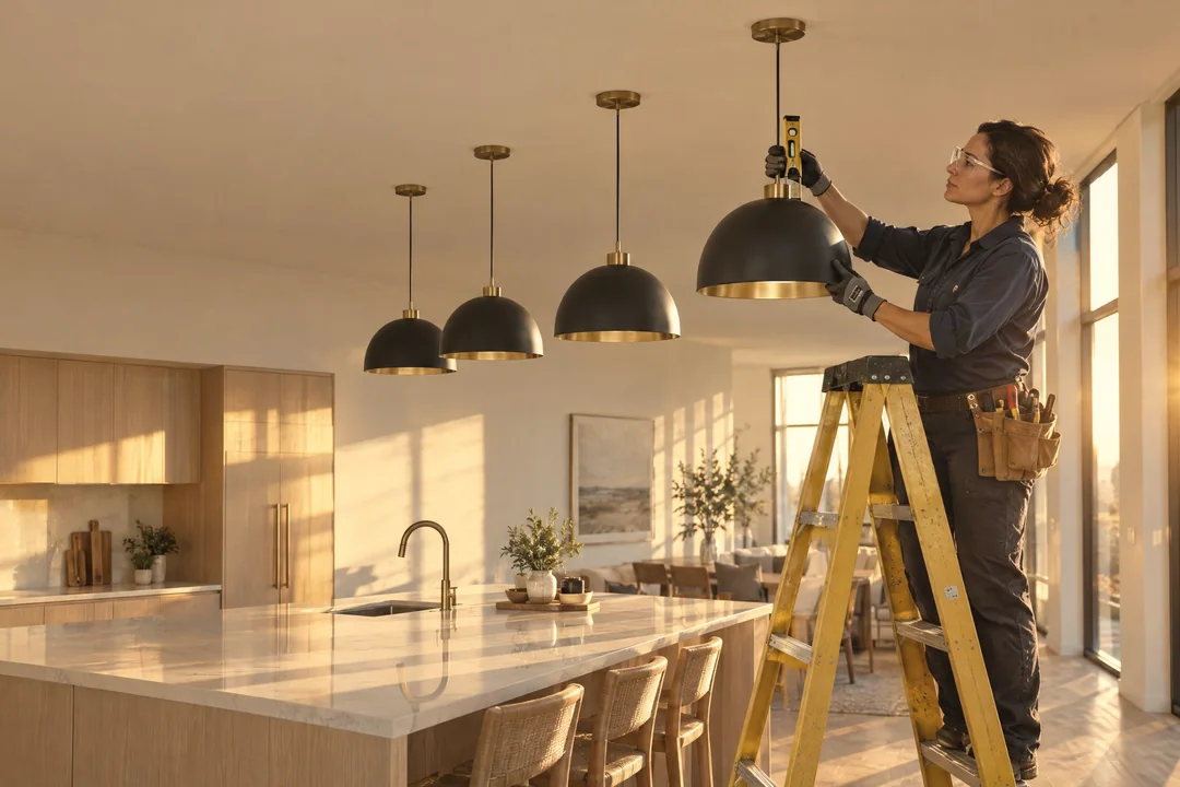 Electrician levelling a row of pendant lights over a kitchen island