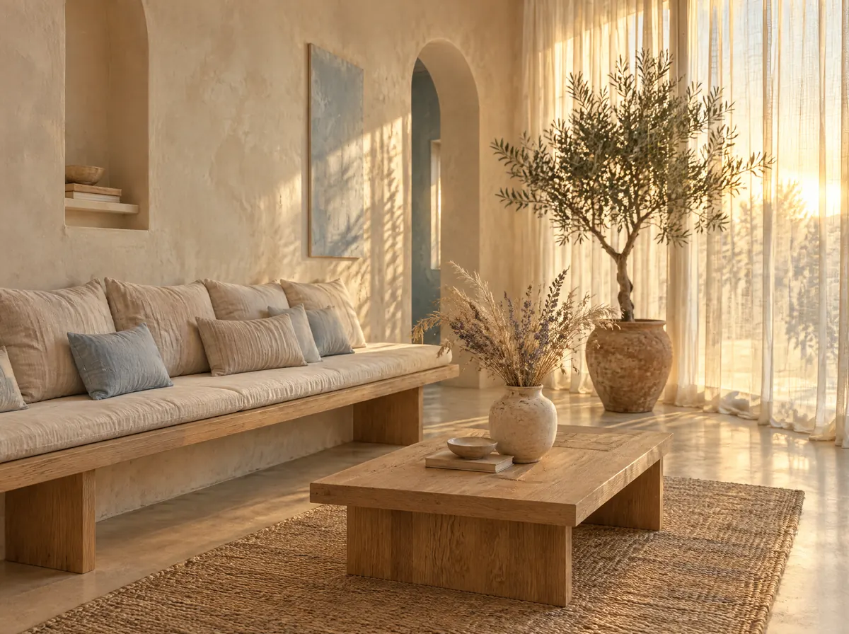 A calm lounge with an oak bench, linen cushions, an olive tree and sheer curtains glowing with golden light