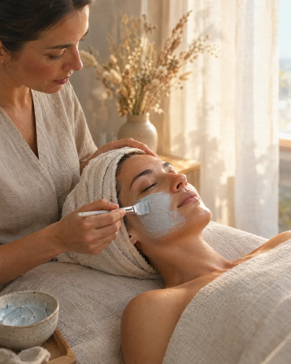 An esthetician brushing a hydrating mask onto a relaxed client's cheek in a sunlit treatment room