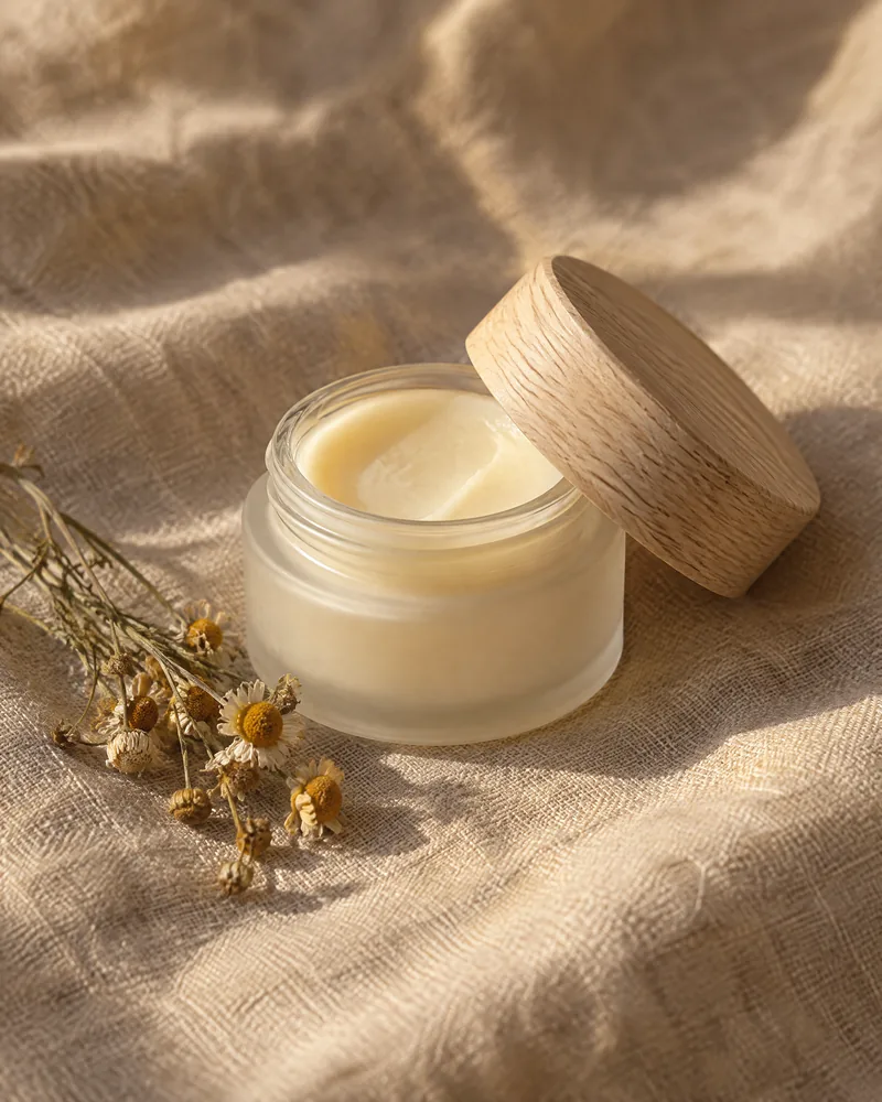 An unlabelled frosted glass jar of ivory balm with its oak lid set aside, on linen with dried chamomile