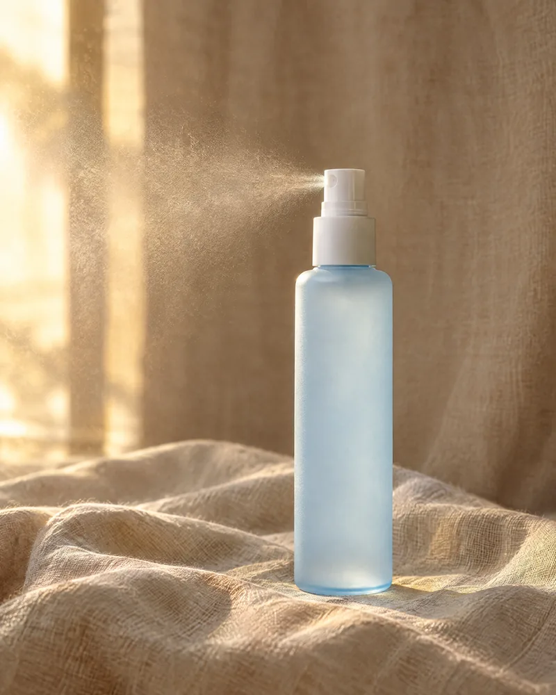 An unlabelled pale blue frosted mist bottle on linen with a fine spray catching the light