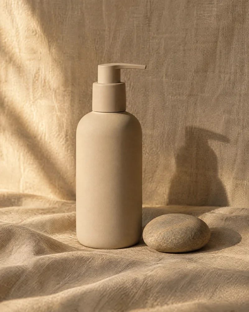 An unlabelled sand-coloured pump bottle on linen beside a smooth river stone