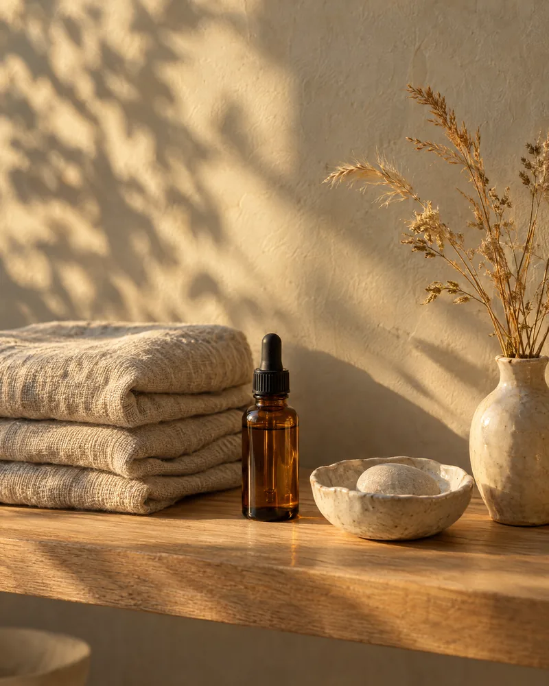 Folded linen towels, a small amber dropper bottle and dried grasses on an oak shelf in low sun
