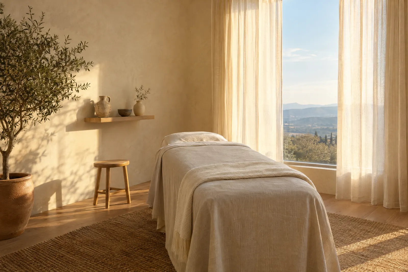 A private treatment suite with a linen-draped bed, an olive tree and golden light through sheer curtains