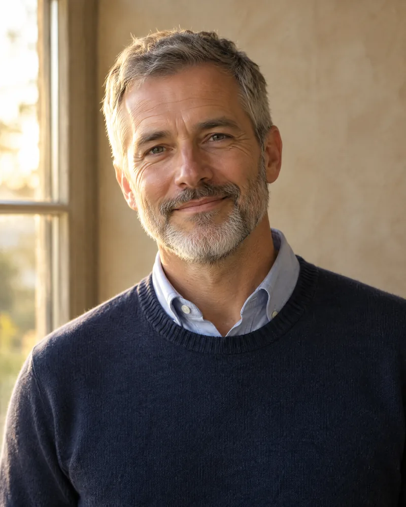 Portrait of Dr. Owen Hale, a smiling man in his fifties with greying hair, in a navy sweater by a sunlit window