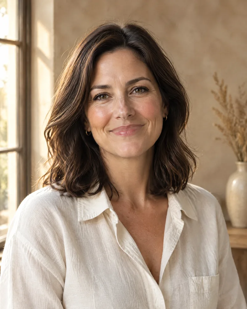 Portrait of Elena Marsh, a smiling woman with shoulder-length dark hair in a cream linen blouse