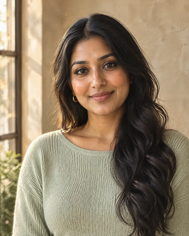 Portrait of Priya Nair, a smiling woman with long dark wavy hair in a pale sage knit top
