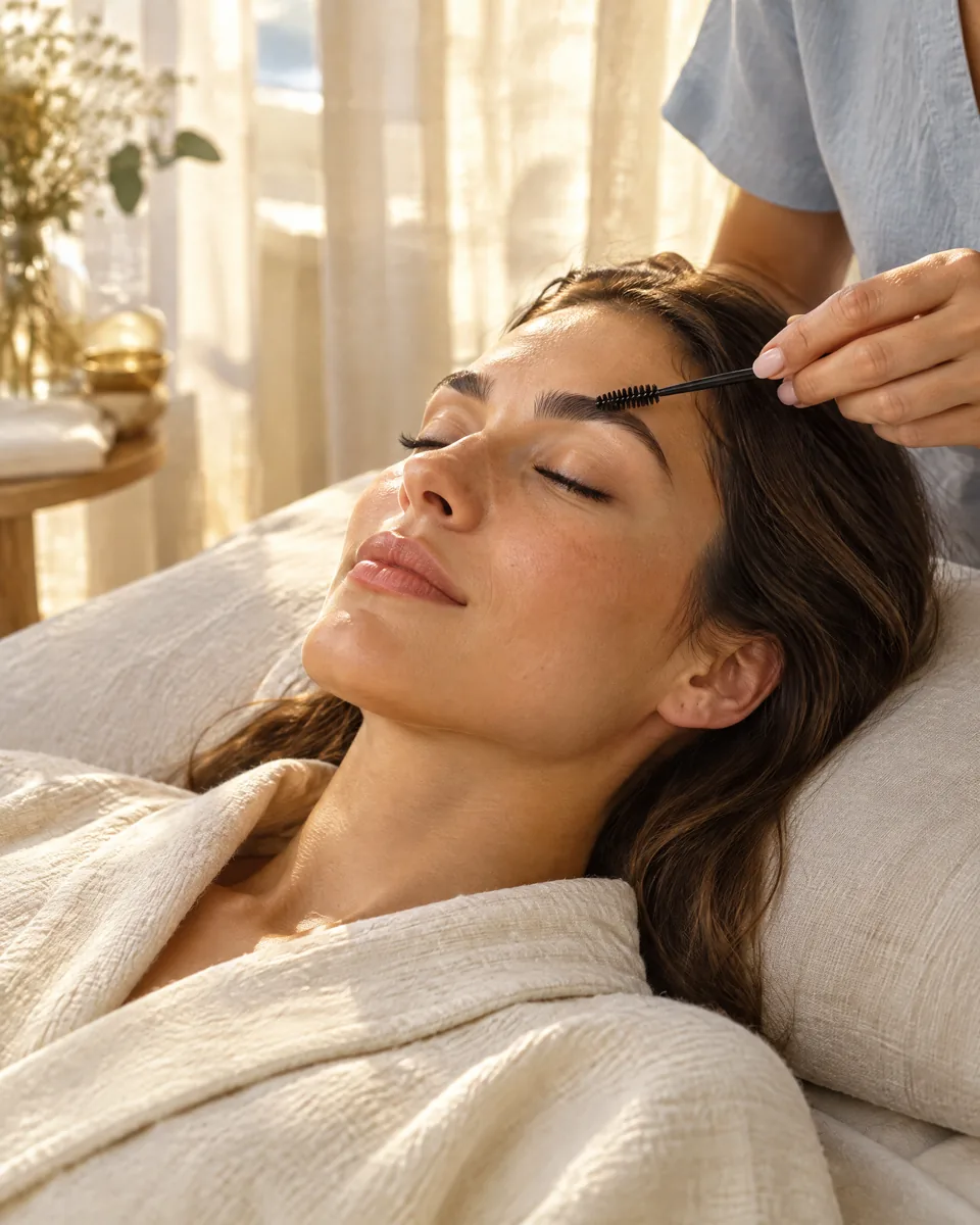An aesthetician grooming a relaxed client's eyebrow with a small brush